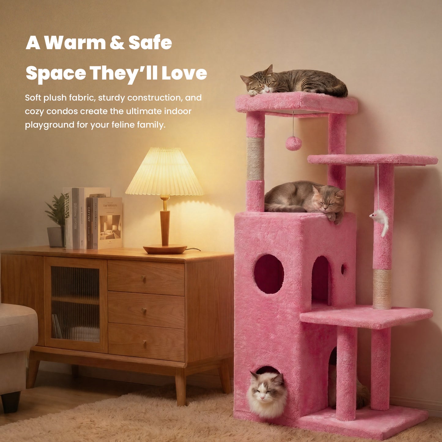 50-inch Pink Cat Tree Tower, Multi-Level Cat Stand with Sisal Scratching Posts & Balls for Playing