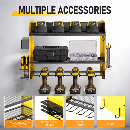 CATGOOD Power Tool Organizer Wall Mount with Charging Station, Tool Storage Shelf Loads 200 lbs Capacity 4 Outlets Storage Rack Holds 4 Drills for Garage Storage(Yellow)