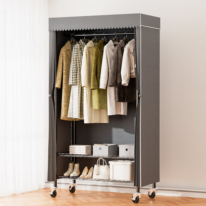 2PK Clothes Rack 300 lbs Rolling Heavy Duty Clothing Rack with Gray Dust Cover, Freestanding Garment Rack with 2-Tier Storage Shelf Wheels Hanging Rod Cover, 35.4"x17"x72.4"