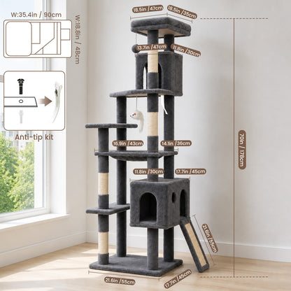 70" Cat Tree Tower, Heavy Duty Cat Tower for Multiple Adult Cats, Multi-Level Tall Cat Tree with 2 Condos, Hammock and Scratching Post for Indoor Kitties, Dark Grey