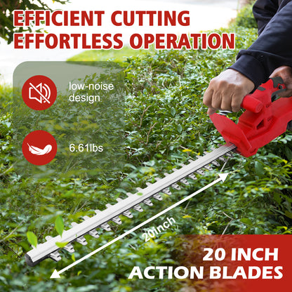 20 inch Cordless Hedge Trimmer, 24V Electric Hedge Trimmer with 2×2000mAh Batteries for Hedge Shrub Grass Lawn Pruning, Red