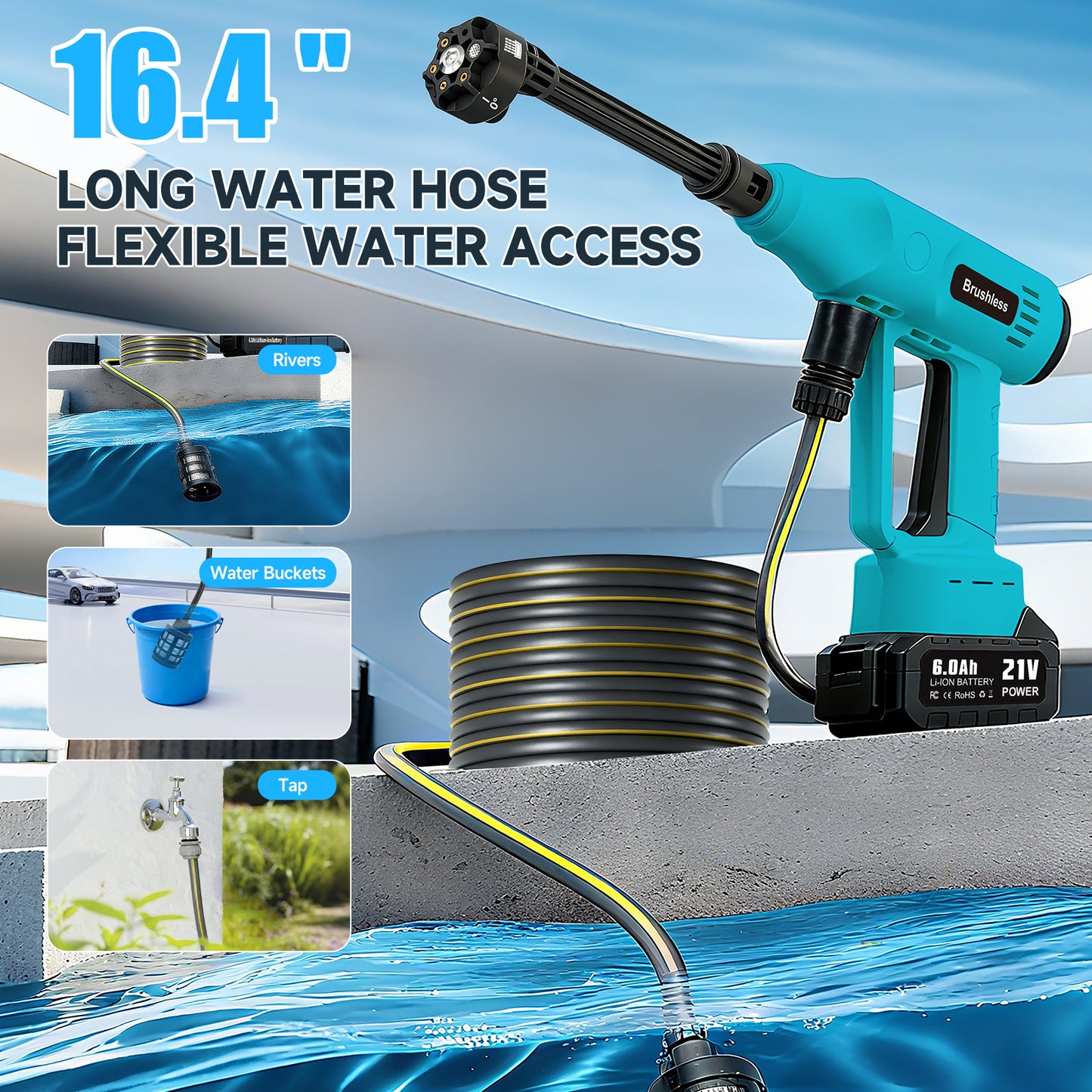 Cordless Pressure Washer, 700PSI Portable Power Washer with LED Display, 2.1GPM Power Cleaner with 6-in-1 Adjustable Nozzle, 16.4ft Hose for Cars/Patios, Blue