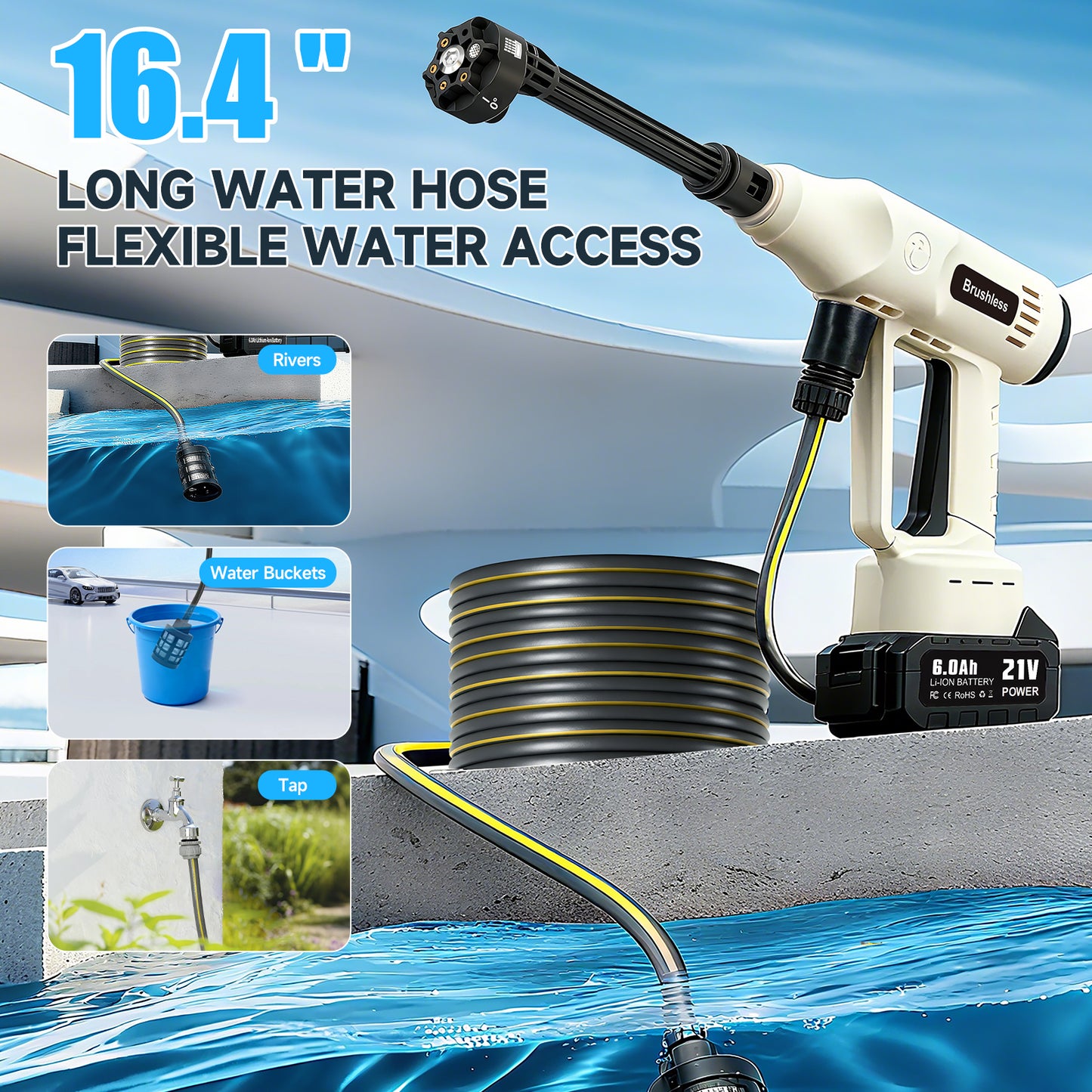 Cordless Pressure Washer, 700PSI Portable Power Washer with LED Display, 2.1GPMPower Cleaner with 6-in-1 Adjustable Nozzle, 16.4ft Hose for Cars/Patios, White