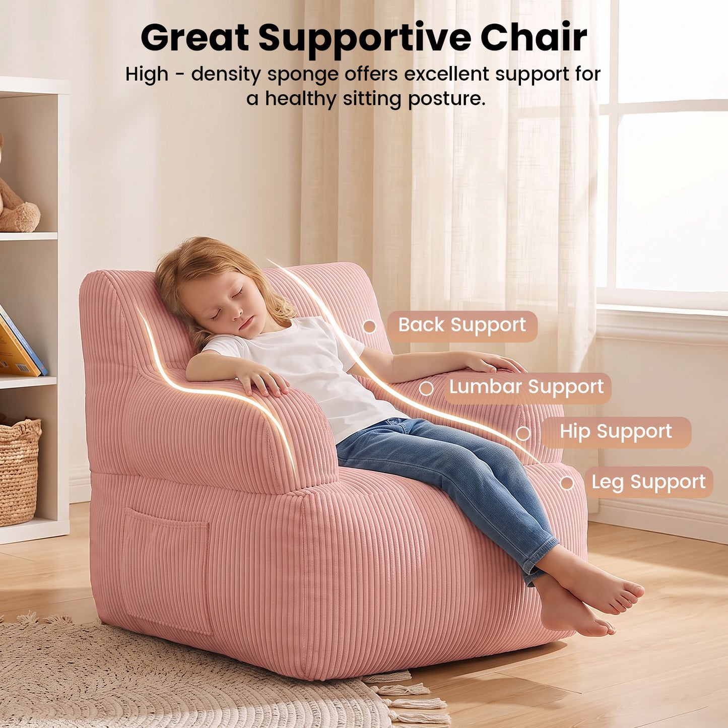 BAOKALER Kids Bean Bag Chair, Filled with Memory Foam, Toddler Kids Floor Lazy Sofa with Side Pocket, Lightweight Comfort Lounge Chair for Gaming, Reading, Relaxing, Pink