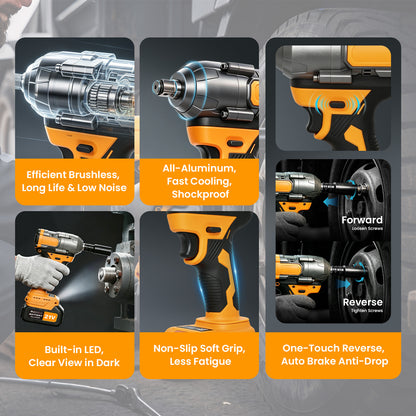 1300Nm Cordless Impact Wrench, 21V Impact Wrench 1/2 inch, High Efficiency Brushless Motor with Fast Charger and 2 x 3.0Ah Battery