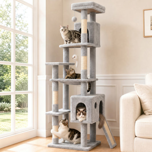 70" Cat Tree Tower, Heavy Duty Cat Tower for Multiple Adult Cats, Multi-Level Tall Cat Tree with 2 Condos, Hammock and Scratching Post for Indoor Kitties, Light Grey