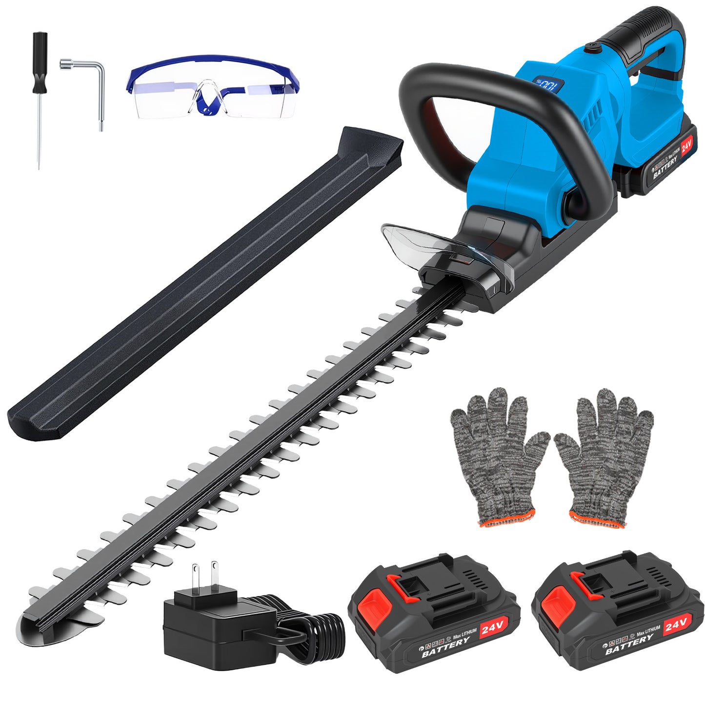 22" Cordless Hedge Trimmer with 180～ Rotatable Head, 21V Electric Bush Trimmer with 2 x 2000mAh Batteries, 1000W 24000r/min Motor, 68Mn Steel Blade for Garden Yard, Blue