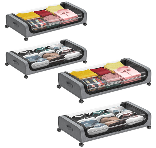 4PK Under Bed Storage Containers, Under Bed Shoe Storage With Wheels, Bedroom Storage Organization with Handles, Under Bed Storage Bins Drawer For Clothes, Blankets And Shoes, Bedding, Gary