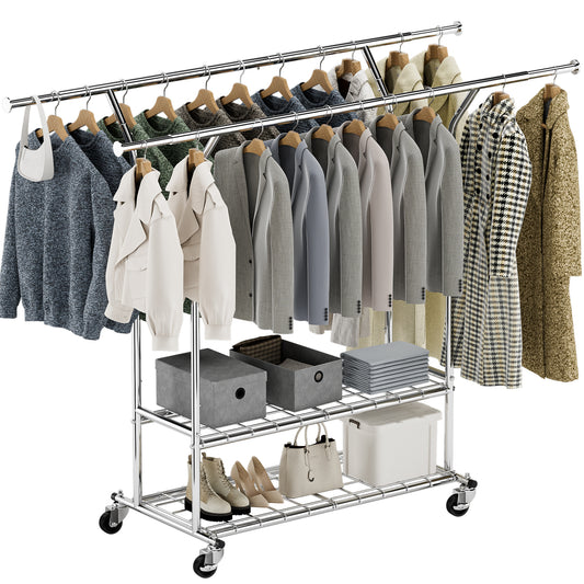 Clothing Rack for Hanging Clothes MAX Loads 620 LBS, Rolling Heavy Duty Clothes Rack With Shelves, Double Rod Clothing Racks Freestanding, Portable Adjustable Garment Rack with Wheels
