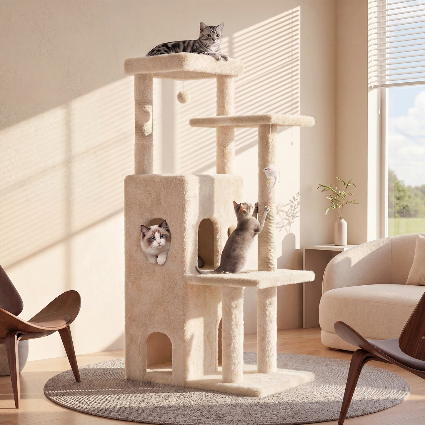 50-inch Large Cat Tree for Adult Cats, Multi-Level Cat Condo with 2 Cozy Caves, Steps, Sisal Scratching Posts & Toys, Beige