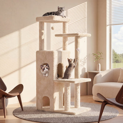 50-inch Large Cat Tree for Adult Cats, Multi-Level Cat Condo with 2 Cozy Caves, Steps, Sisal Scratching Posts & Toys, Beige