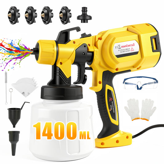 Baokaler Paint Sprayer, 1000W HVLP Electric Spray Gun with 1400ml Container, 4 Copper Nozzles & 3 Spray Patterns for Furniture, Cabinets, Walls, House Painting, Yellow