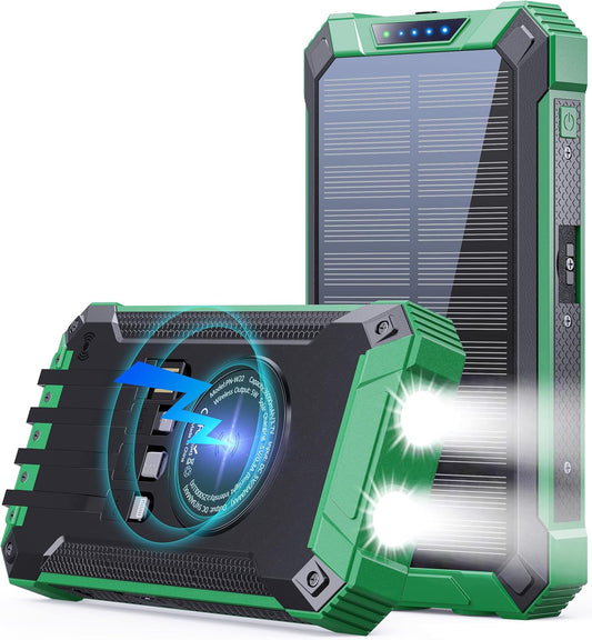 Power Bank Wireless Charger 46800mAh Built in 4 Cables Six Outputs 15W Fast Charging Power Bank for All Mobile Devices Three Inputs Solar Portable Charger with Dual Flashlights, Carabiner(Green)