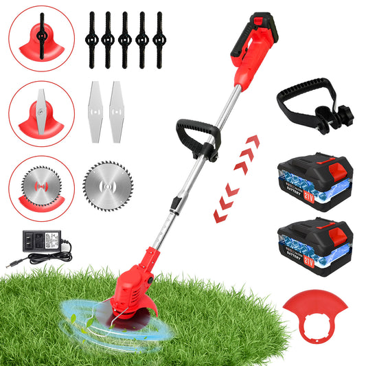 21V Cordless String Trimmer With 2 X 1.5ah Battery And Charger, Electric Weed Wacker Battery Powered Weed Eater String, Mover For Yard, Garden, Red