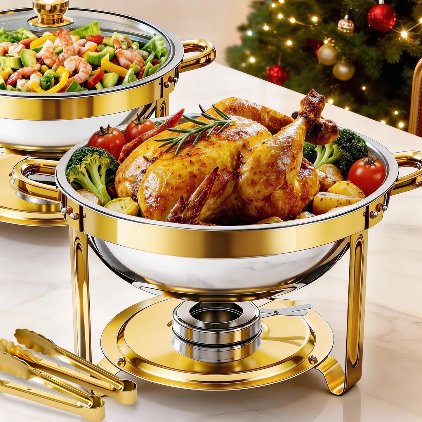 CATGOOD 2 Pack with Tongs 6QT Round Chafing Dishes for Buffet, Buffet Servers & Warmers with Glass Lids & Gold Stands, Thickened Edge, Side Lid Rest for Weddings