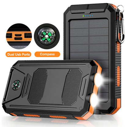 BAOKALER 30000mAh Solar Charger for Cell Phone iPhone, Portable Solar Power Bank with Dual 5V USB Ports, 2 Led Light Flashlight, Compass Battery Pack for Outdoor Camping Hiking(Orange)