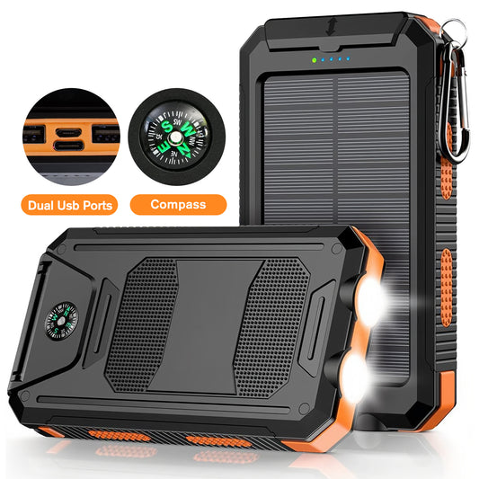 BAOKALER 30000mAh Solar Charger for Cell Phone iPhone, Portable Solar Power Bank with Dual 5V USB Ports, 2 Led Light Flashlight, Compass Battery Pack for Outdoor Camping Hiking(Orange)