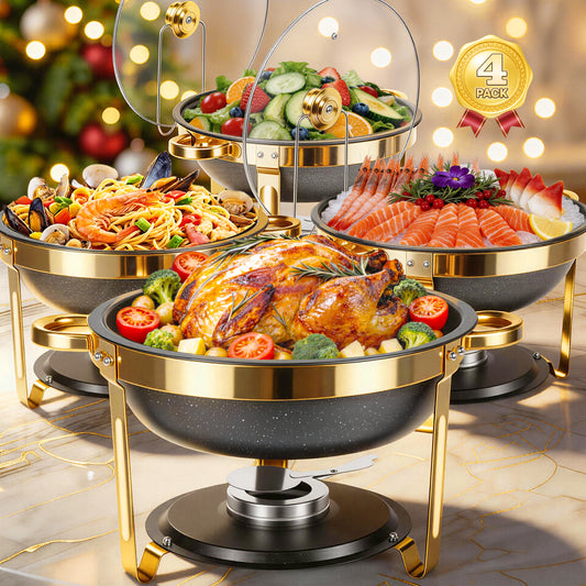 Black Chafing Dishes for Buffet with Glass Lid (5.3QT, 4Pack), Maifanite-Coated Round Chafing Dish Set Mirror-Polished Stainless Steel, Stackable, Lid Holder for Party, Wedding