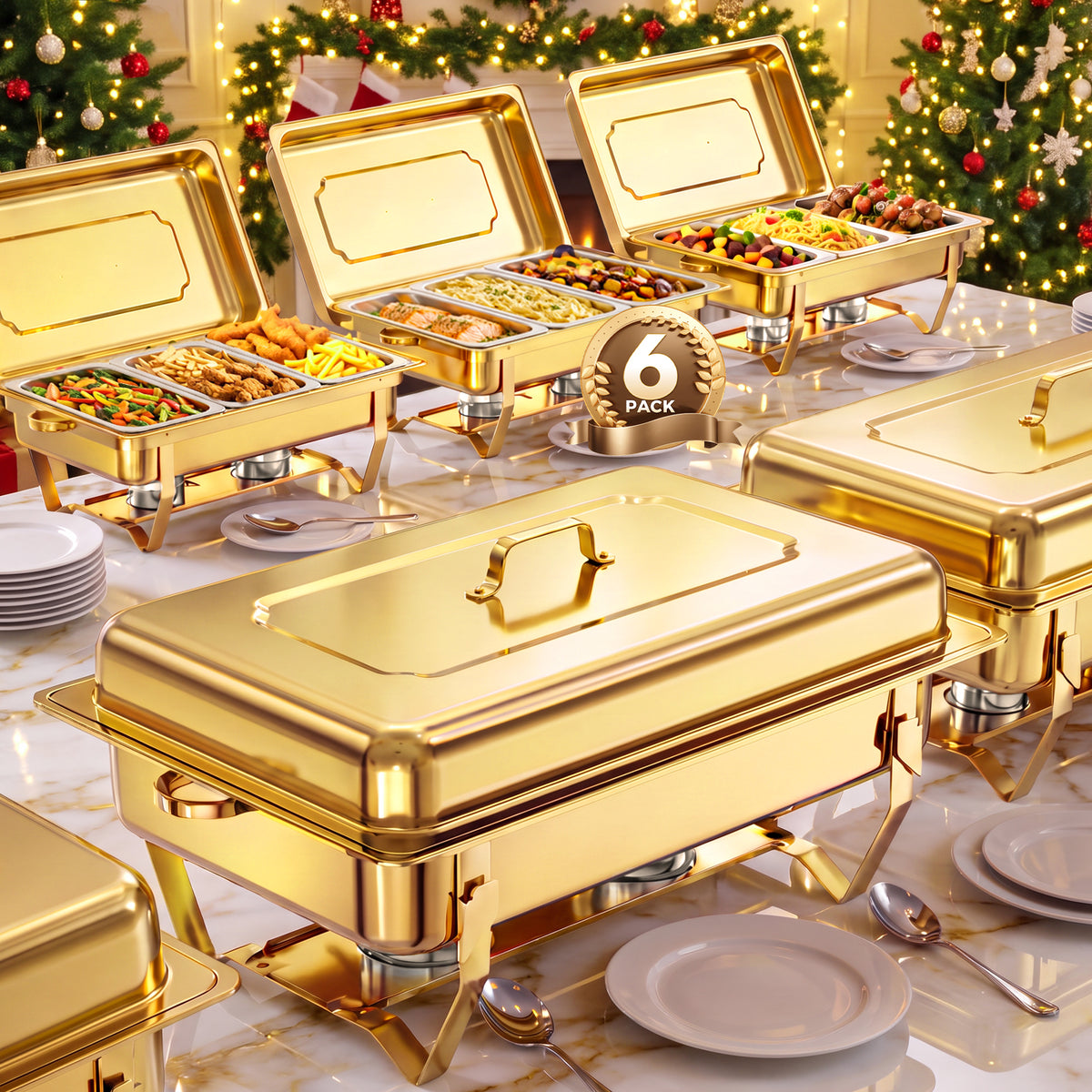 Gold Chafing Dishes 6 Pack, 9QT Rectangular Chafing Dish Buffet Set, Chafing Dishes for Buffet with Foldable Frame, Chafers and Buffet Warmers Sets for Catering Events, Parties, Weddings