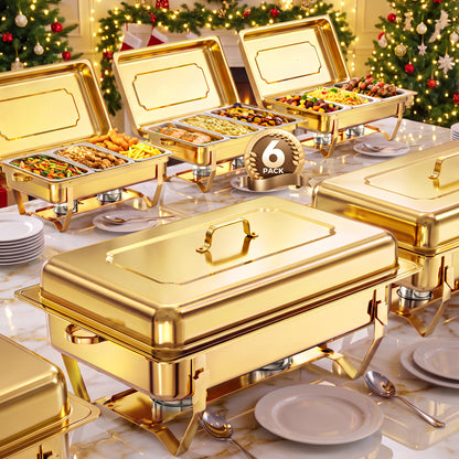 Gold Chafing Dishes 6 Pack, 9QT Rectangular Chafing Dish Buffet Set, Chafing Dishes for Buffet with Foldable Frame, Chafers and Buffet Warmers Sets for Catering Events, Parties, Weddings
