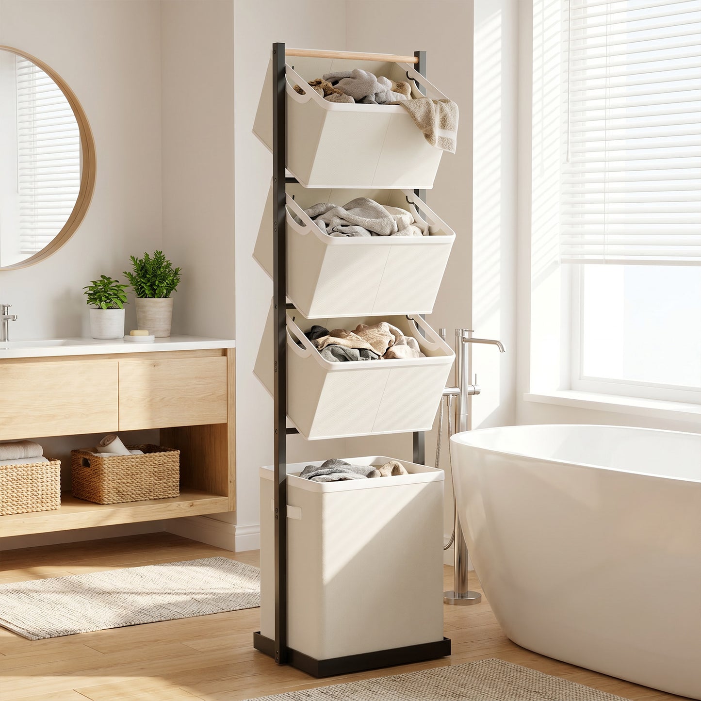 Laundry Hamper, Laundry Basket, 4 Tier Laundry Sorter, Metal Stackable Laundry Basket Organizer with Removable Basket and Removable Bags, 59"x12.6"x15.7" Clothes Organizer Basket, Beige