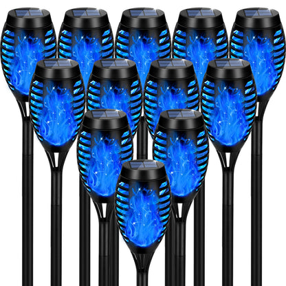 Solar Powered Outdoor Lights, 12PK Flickering Flame Solar Lights Outdoor Pathway, Solar Tiki Torches with Flickering Flame, Solar Garden Light Waterproof for Yard Decor, Landscape, Patio, Blue LED