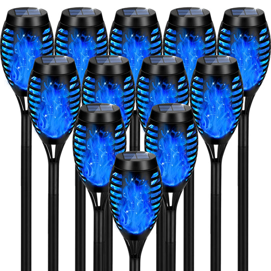 Solar Powered Outdoor Lights, 12PK Flickering Flame Solar Lights Outdoor Pathway, Solar Tiki Torches with Flickering Flame, Solar Garden Light Waterproof for Yard Decor, Landscape, Patio, Blue LED