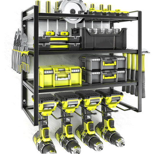 ALSO GO 4 Layers Power Tool Organizer, Heavy Duty Metal Tool Storage Rack, Drill Holder Wall Mount, Battery Tools Holder Shelf, Utility Tool Shelves for Workshop or Garage, Black