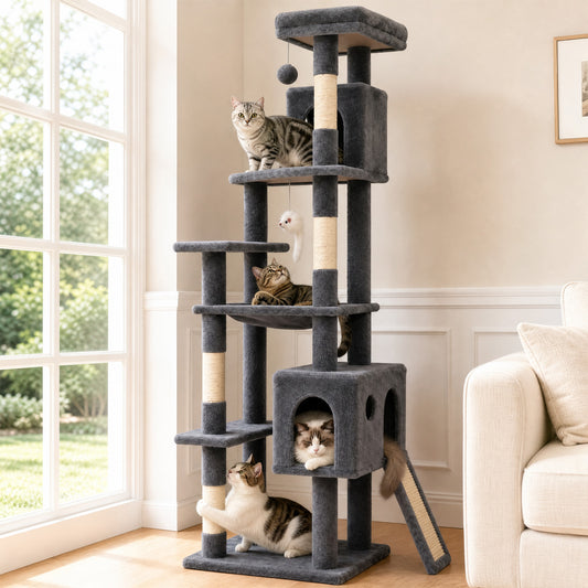 70" Cat Tree Tower, Heavy Duty Cat Tower for Multiple Adult Cats, Multi-Level Tall Cat Tree with 2 Condos, Hammock and Scratching Post for Indoor Kitties, Dark Grey
