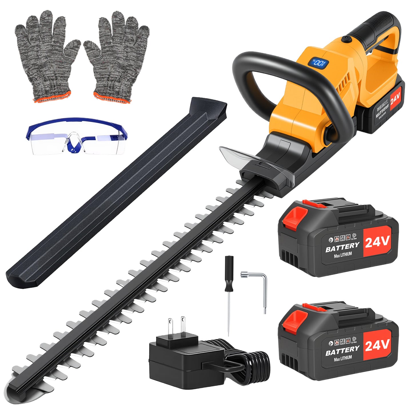 22" Cordless Hedge Trimmer with 180～ Rotatable Head, 21V Electric Bush Trimmer with 2 x 4000mAh Batteries, 1000W 24000r/min Motor, 67Mn Steel Blade for Garden Yard, Yellow