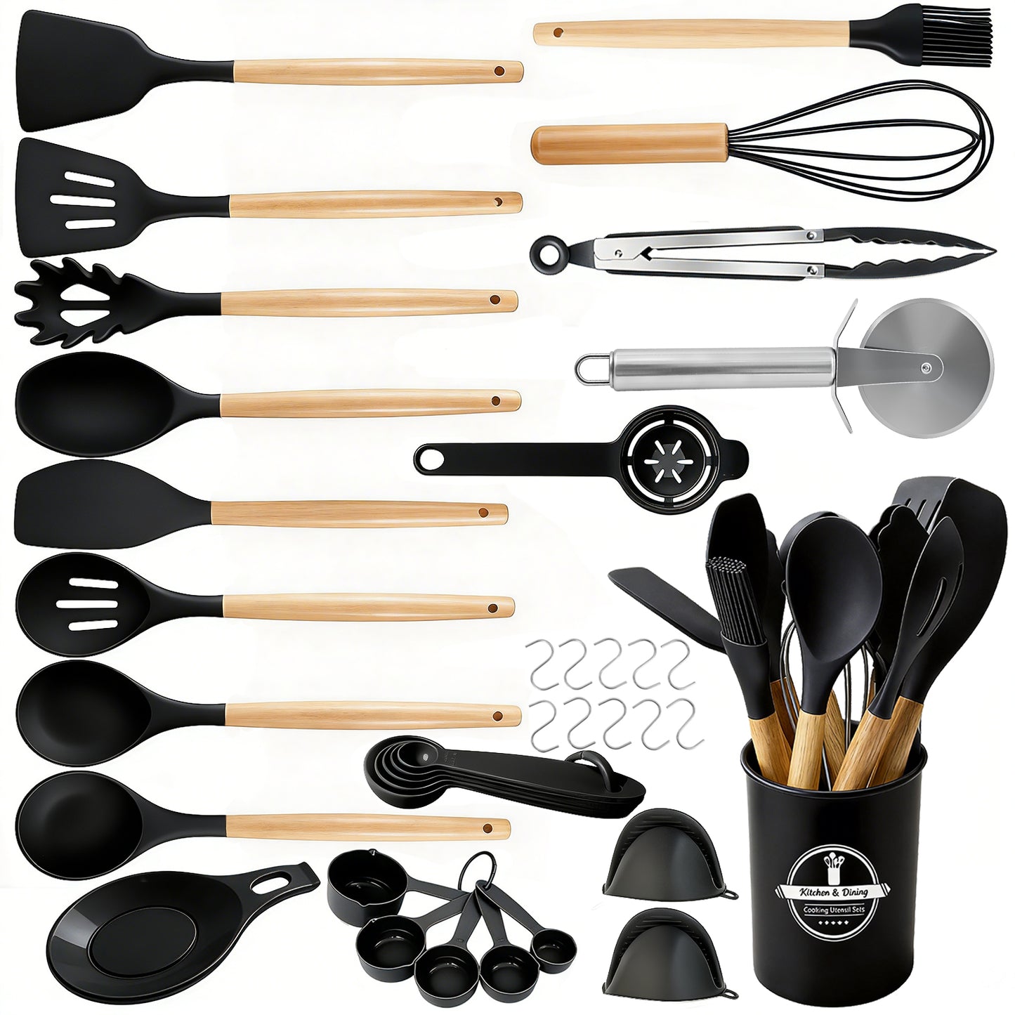 Silicone Cooking Utensils Set, Heat Resistant Kitchen Tools, 36 PCS Non-Stick Silicone Cooking Kitchen Utensils, Black