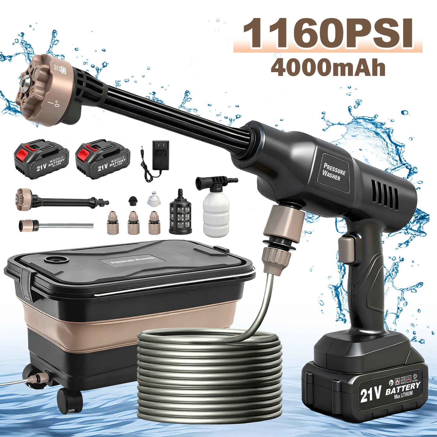 BAOKALER Portable Pressure Washer with Foldable Water Container (Black), 1160PSI High Power Washer, 21V Cordless with 4.0Ah Dual Batteries & 6-in-1 Nozzle for Car, Patio, Fence, Deck, Driveway Cleaning
