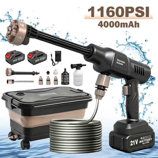 BAOKALER Portable Pressure Washer with Foldable Water Tank (Black), 1160PSI High Power Washer, 21V Cordless with 4.0Ah Dual Batteries & 6-in-1 Nozzle for Car, Patio, Fence, Deck, Driveway Cleaning