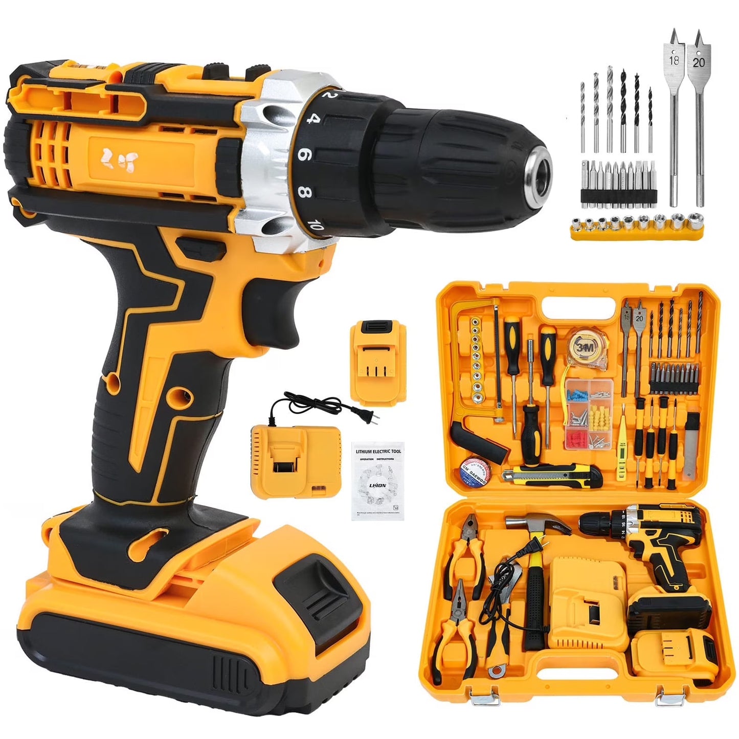 CATGOOD Tool Set with 21V Cordless Drill, 3/8" Electric Drill Set with 2*3.0Ah Batteries and Charger for DIY Screwdriver, 120 PCS, Yellow