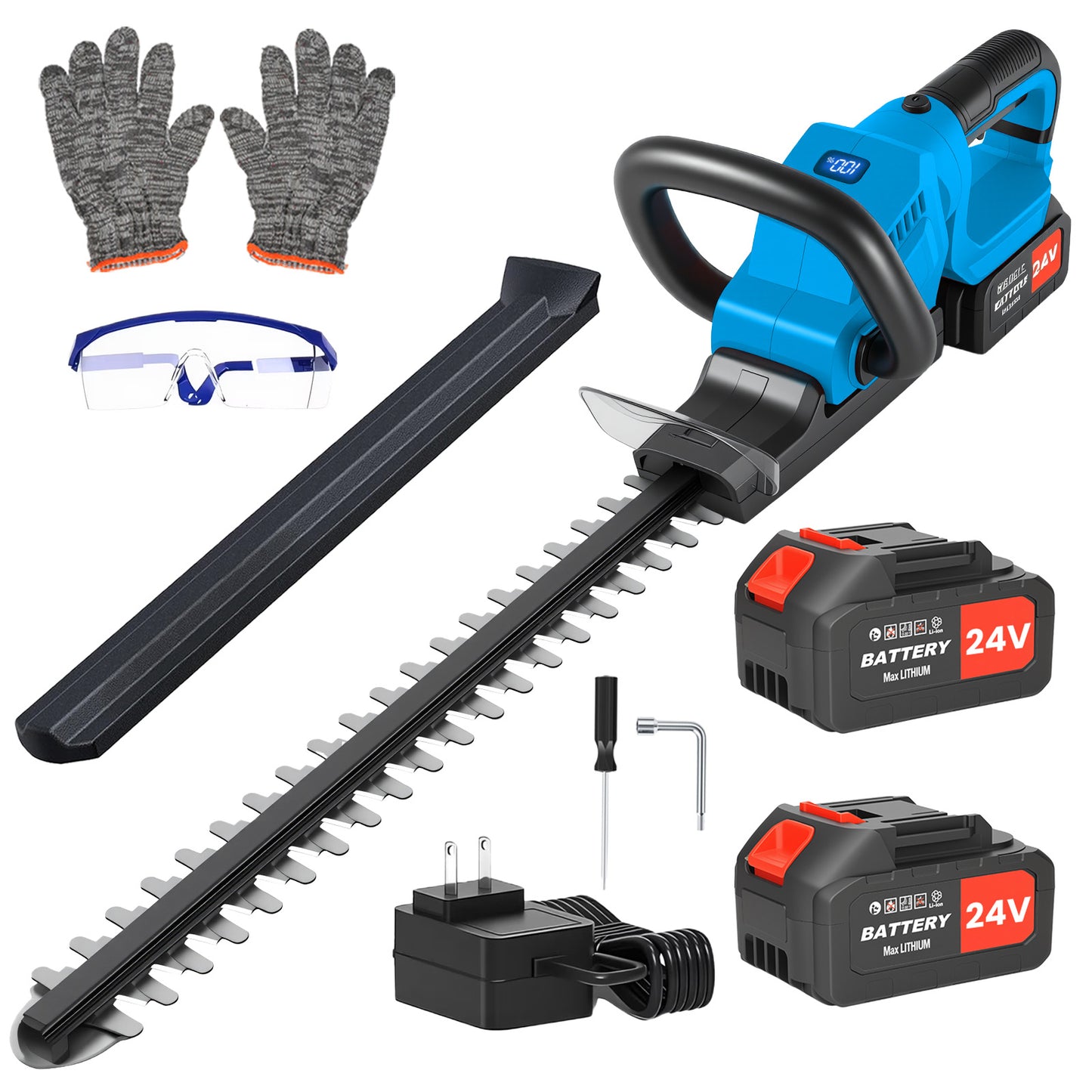 22" Cordless Hedge Trimmer with 180～ Rotatable Head, 21V Electric Bush Trimmer with 2 x 4000mAh Batteries, 1000W 24000r/min Motor, 66Mn Steel Blade for Garden Yard, Blue
