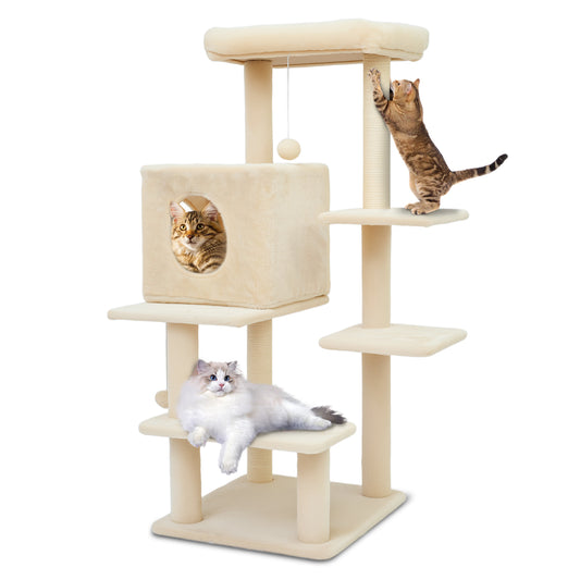 Sturdy 40-inch Cat Tree Tower with Cat Cave & Ramp Steps - Multi-Level Play & Sleep Center for Large Indoor Cats, Beige