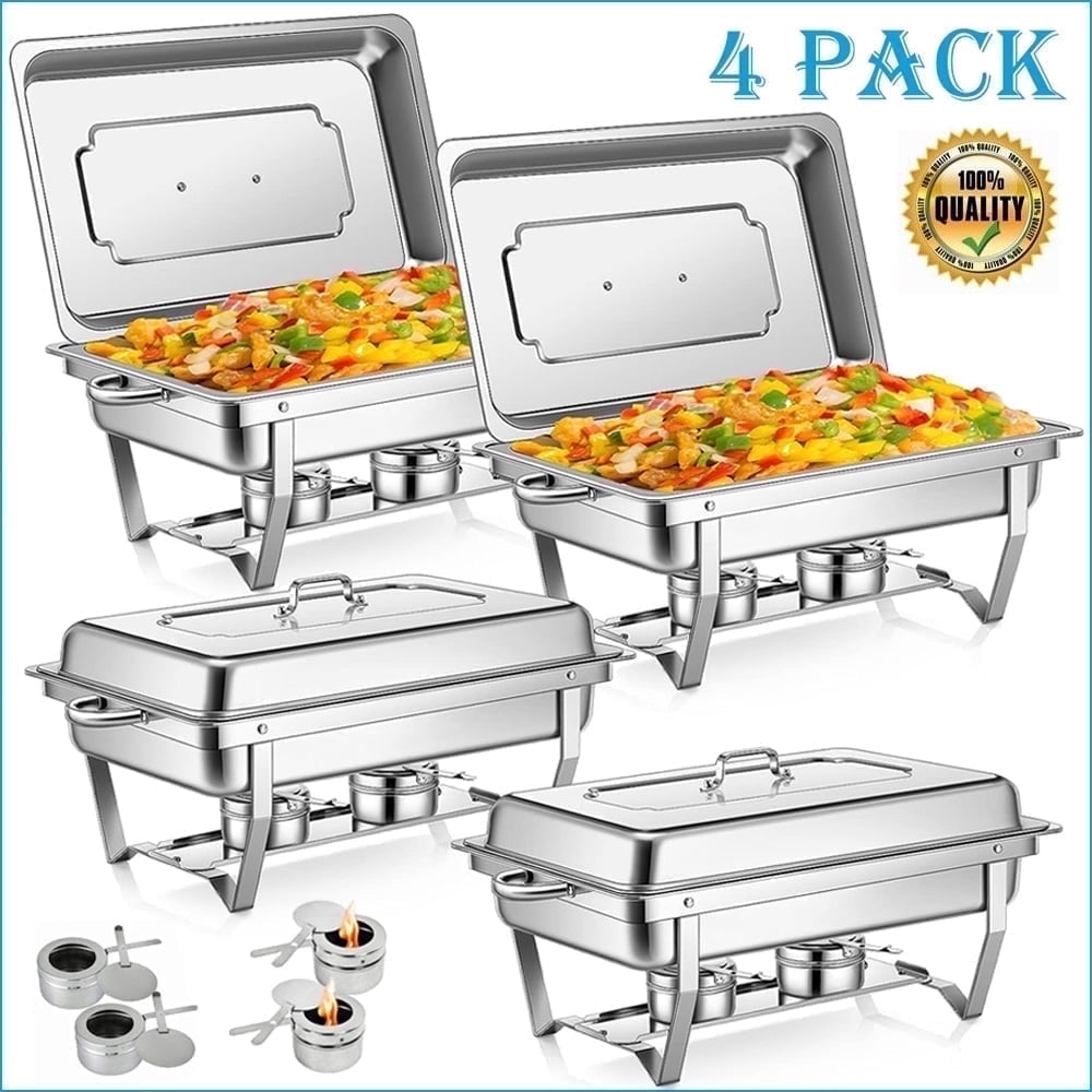 4-Pack Chafing Dish Buffet Set 9 Qt, Foldable Rectangular Chafer Set, Stainless Steel Food Warmer Set W/Full Size Water Pan, Fuel Holder for Parties Cooked Food Insulation