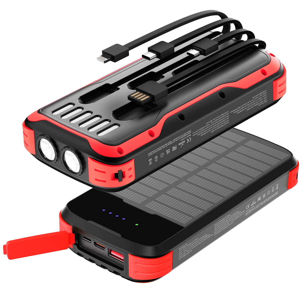 40000mAh Solar Power Bank Red, Portable Charger 20W PD Fast Charging, Solar Charger Power Bank W/4 Built-in Cables & 9 Charging Ways, Waterproof Dual LED Flashlights for Camping Hiking