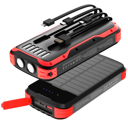 40000mAh Solar Power Bank Red, Portable Charger 20W PD Fast Charging, Solar Charger Power Bank W/4 Built-in Cables & 9 Charging Ways, Waterproof Dual LED Flashlights for Camping Hiking