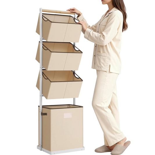 Laundry Hamper, Laundry Basket, 4 Tier Laundry Sorter, Metal Stackable Laundry Basket Organizer with Removable Basket and Removable Bags, 59"x12.6"x15.7" Clothes Organizer Basket, Beige