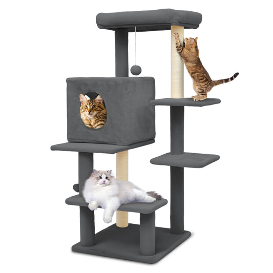 Sturdy 40-inch Cat Tree Tower with Cat Cave & Ramp Steps - Multi-Level Play & Sleep Center for Large Indoor Cats, Dark Gray