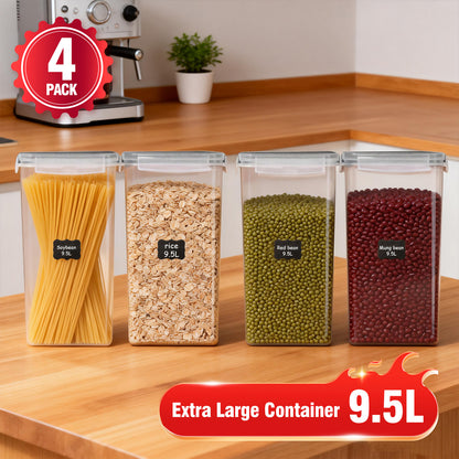 9.5L (4-Pack) Airtight Food Storage Containers Set with Chalkboard Labels, 1 Marker & 4 Measuring Cups - Clear Grain Jars, BPA-Free, Stackable (Brown Box)
