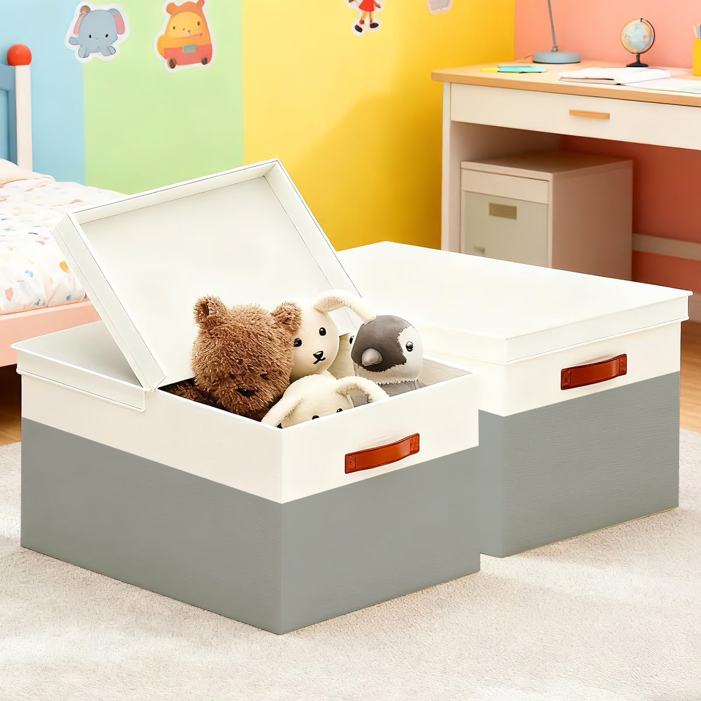 Storage Bins with Lids, 2 Pack Extra Large Blanket Storage Baskets with Lids, Closet Organizers Bins for Living Room, Nursery, Gray and White