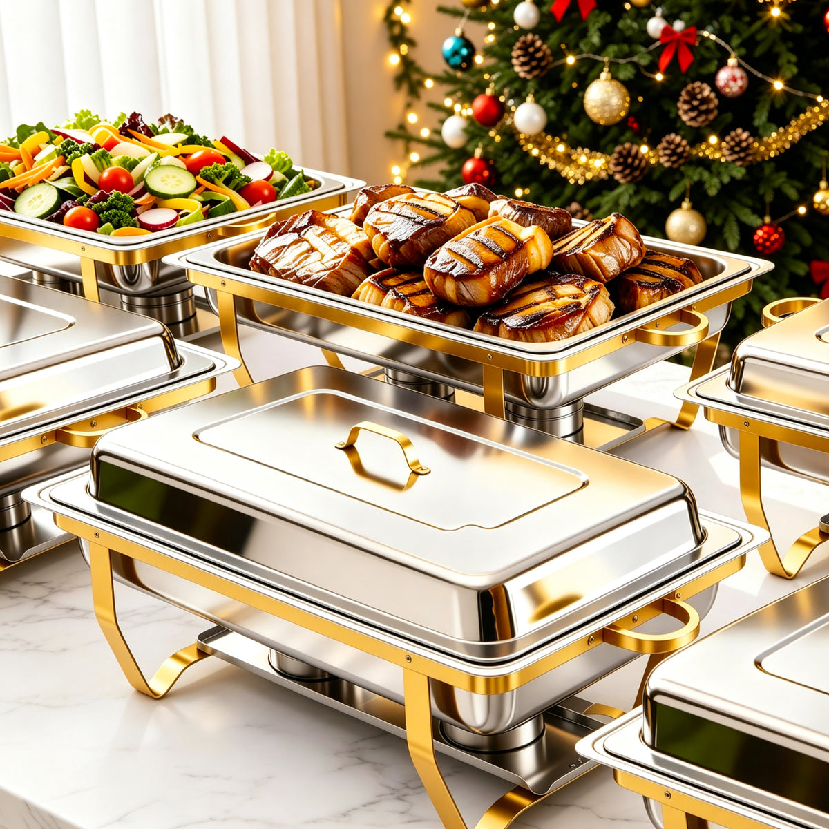 9QT Food Warmer & Buffet Server, Gold Plated Holder, Chafing Dishes Buffet Set Stainless Steel, for Daily Buffet & Holiday Gatherings
