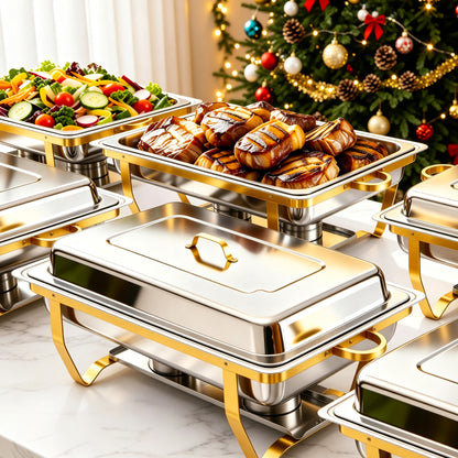 9QT Food Warmer & Buffet Server, Gold Plated Holder, Chafing Dishes Buffet Set Stainless Steel, for Daily Buffet & Holiday Gatherings