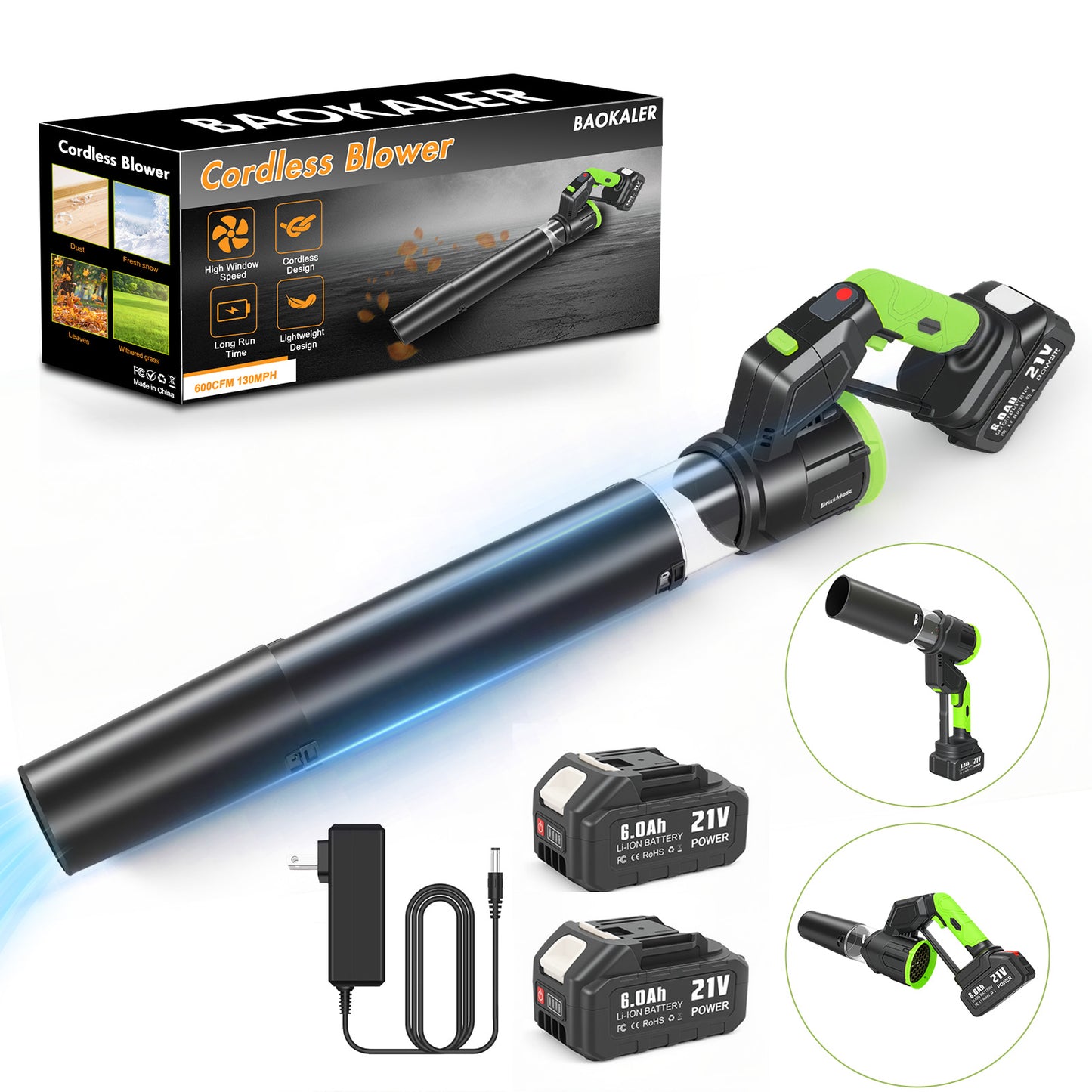 BAOKALER Cordless Leaf Blower, 21V 6AH Brushless Leaf Blower with 180¡ãAdjustable Tube, 3 Speed Modes and LED Display, 600CFM Snow Blower for Lawn Care, Blowing Leaves, Patio