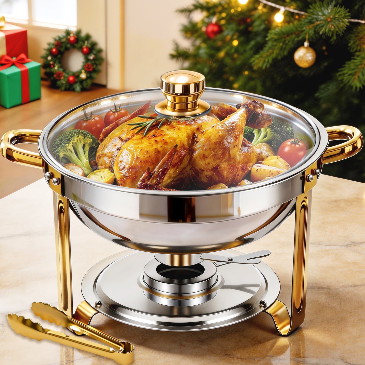 CATGOOD Chafing Dish for Buffet 1 Pack, 5.3QT Round Chafing Dish Buffet Set for Parties, Gold Stainless Steel Buffet Server and Warmer with 1 Serving Tong