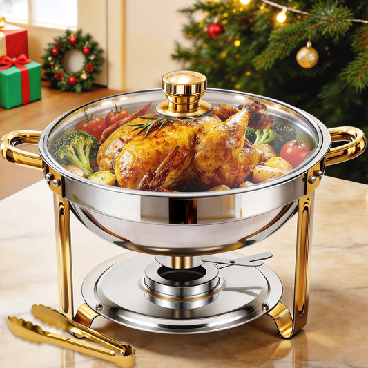 CATGOOD Chafing Dish for Buffet 1 Pack, 5.3QT Round Chafing Dish Buffet Set for Parties, Gold Stainless Steel Buffet Server and Warmer with 1 Serving Tong