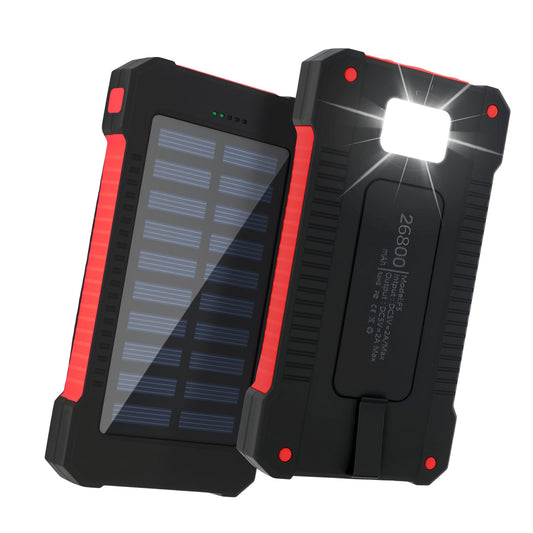 Solar Charger Power Bank 26800mAh, Portable Fast Charging Power Bank with Type-C & USB Ports, Compatible with iPhone, Samsung & More, Waterproof Solar Panel for Camping and Outdoor Use(Red)