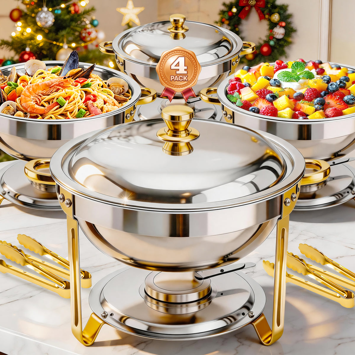 Chafing Dish Buffet Set with 4 Food Tongs, 6 QT Stainless Steel Chafing Dishes Round Buffet Food Warmer Chafers Set for Parties Catering Event, Lid Holder 4PCS